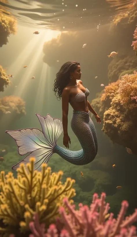 Mermaid with dark skin and black hair, with a very detailed tail with nuances of blue green and lilac and more realistic features