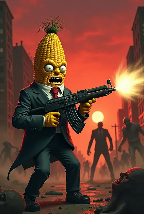 Angry corn in a suit with an AK 47 killing a zombie