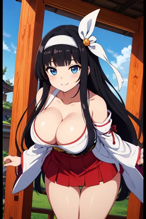 good quality, best quality, highres, absurdres, 8k, 4K, masterpiece, Girl in Japanese shrine maiden outfit, (Hime cut), (super long black hair),(((straight bangs, blunt bangs))),(White headband), Blue eyes, super long black hair, hair ornament, ribbon, smi...