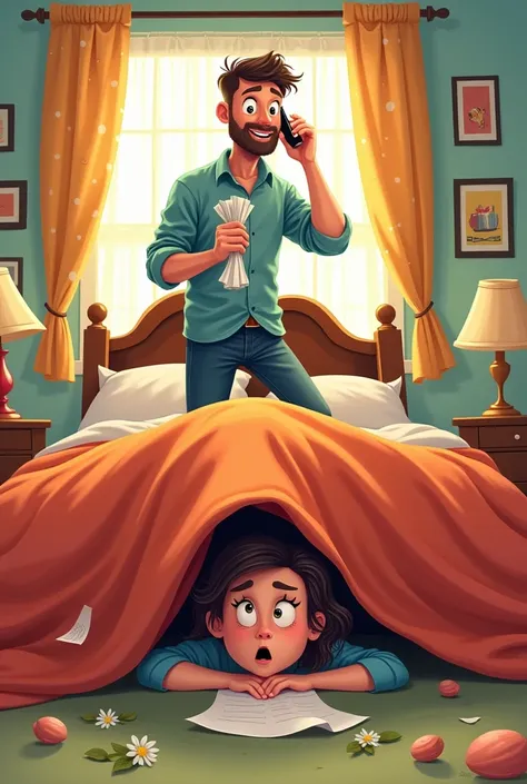 A woman hide under the bed , her husband noticed it and talking in cellphone with holding a piece of paper in his hand funny cartoon