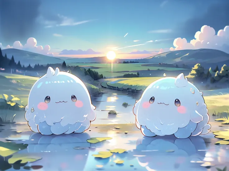 ((masterpiece)), ((Highest quality)), ((Realistic feel)), ((landscape:1.6)), ((A woolen path leading to the blue sky, Light color)), (an Egg-sized angel, a small, fluffy Pokémon resembling a cotton ball, with a cloud-like body. It features large, bright ey...