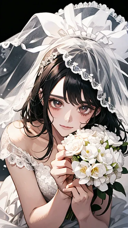 wedding，Bride in white wedding dress holding flowers，Smile，Perfect face，Black Hair，Perfect face，Full body portrait