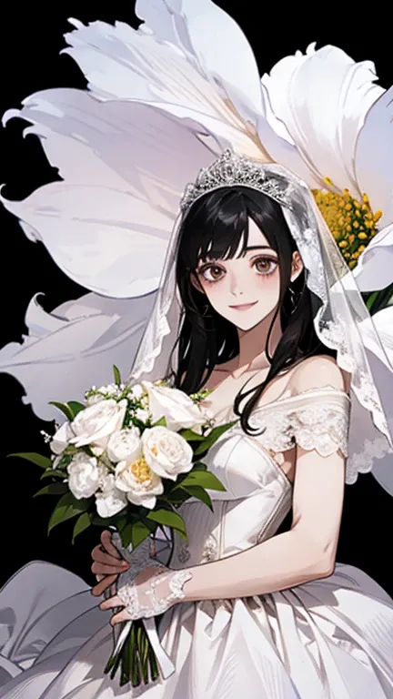 wedding，Bride in white wedding dress holding flowers，Smile，Perfect face，Black Hair，Perfect face，Full body portrait