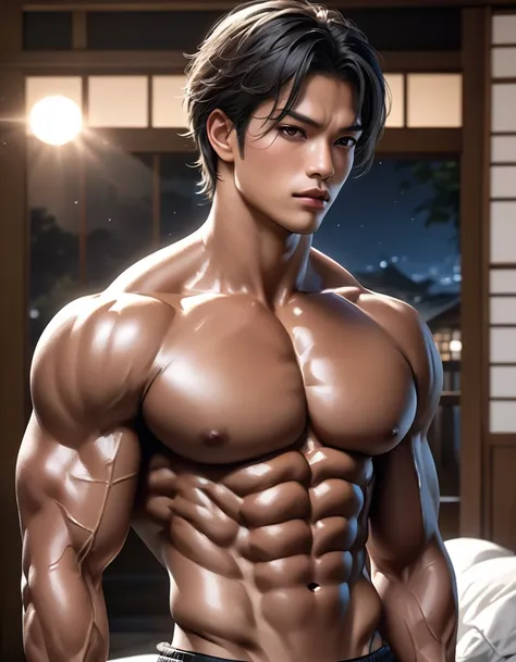 high quality, detailed, Realistic,(Japanese bodybuilders with sun tans:1.5), (detailed black eyes), (Black short hair:1.1), (abs:1.6), (tanned dark brown skin), Bedroom at night, (Black small T-back), (bulge), (detailed nipples), detailed areola,high quali...