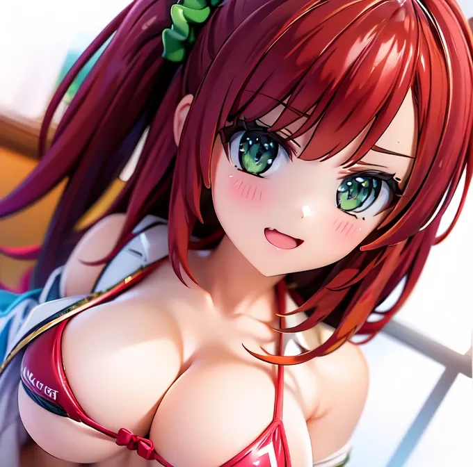 Highest quality, masterpiece, Highly detailed CG, Official Art , Professional Lighting, sakimiyairuka, Redhead, Green Eyes,(One side up), Medium Hair, Side Ponytail, Green scrunchie, hair ornaments, Glowing Skin, Micro Bikini, Camel Toe, between legs, Cowb...