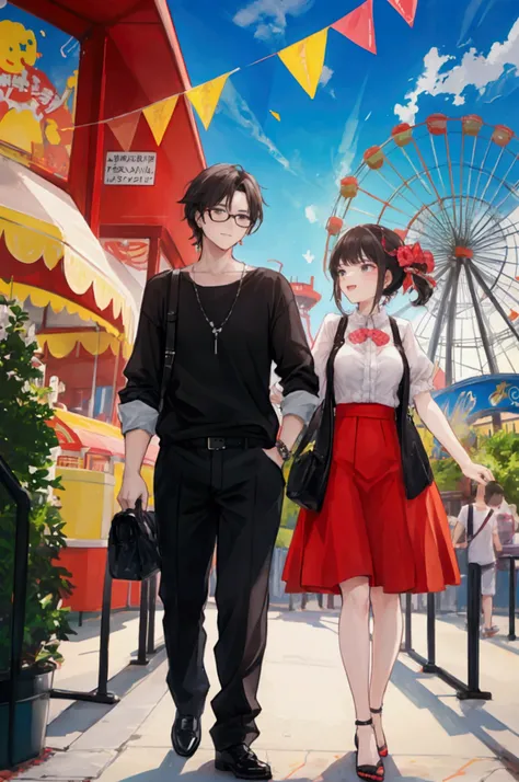 A man and a woman go to an amusement park.