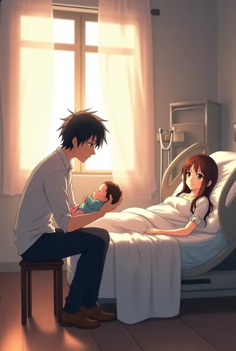 An anime man with black hair and dark maroon Eyes and he is sitting on a small stool which is next to a hospital bed and he is holding a baby and on the bed is laying   an anime woman with long middle brunette hair and dark brown eyes and they are in a hos...