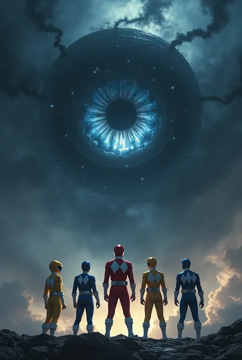 Make the Power Rangers look at the dark sky with a cosmic dark eye, around the eyes there is black smoke 