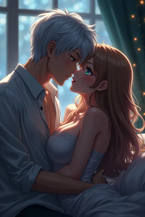 White haired anime man with blue eyes making out with light brown longhaired anime woman with green eyes and big tiddies, getting steamy and naked