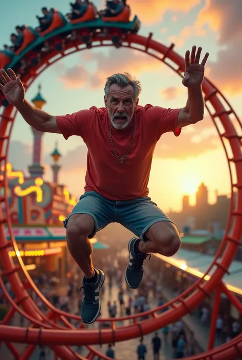 Image of a man jumping off a roller coaster with a sad face 
