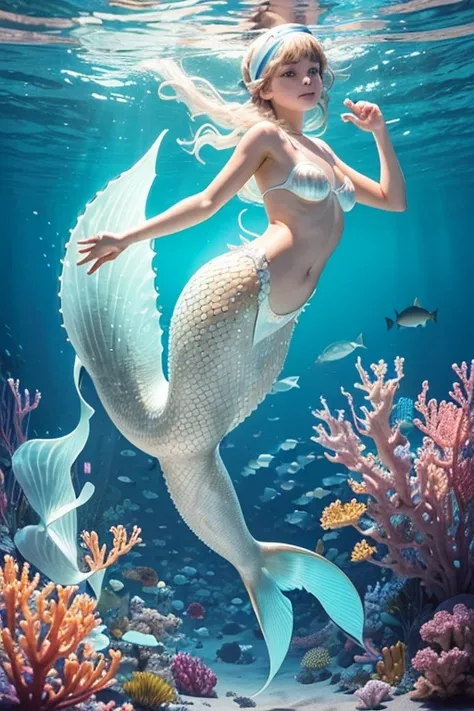 A sexy 13-yr european girl is illuminating(( wearing a fish head band))(( wearing transparent  illuminating mermaids costume sexy full body detail anatomy figure)), wearing transparent two piece scally detailed on skin, wearing scally fish like skin textur...