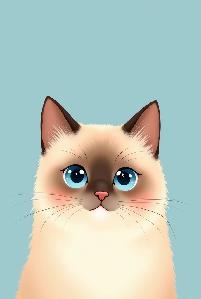 Cute chubby Siamese cat in blue background drawing only the head 
