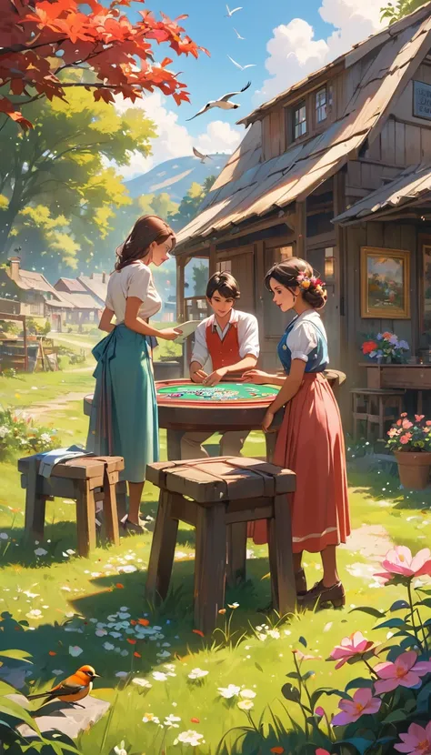 Realism，poster，real，masterpiece，8k，Perfect picture quality，（In the grass of a small village far away from the city，Flowers blooming everywhere，Birds playing），（（Two young Indian girls and one Indian boy playing a retro poker game in the painting，happy inter...