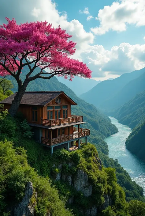 beautiful house on a mountain, a distant river, a pink ipê tree