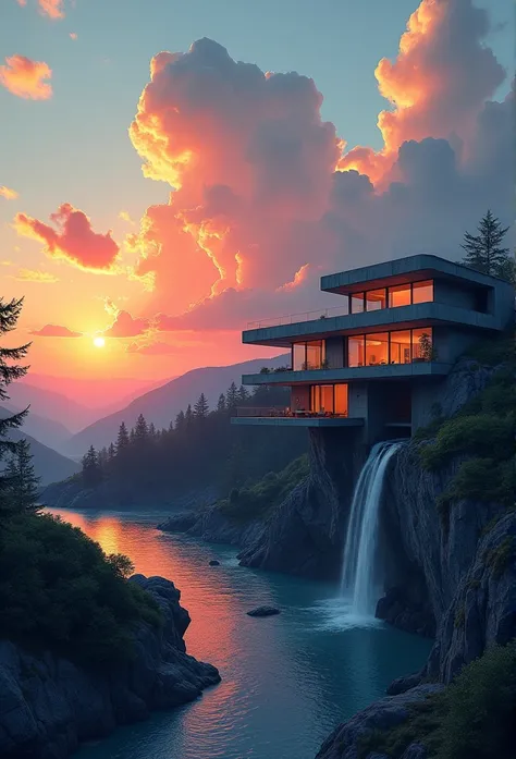 (((An amazing house))), (minimalism and brutalism style influence), (((with terraces))), (beautiful gardens), ((lake)), waterfall ((top of a samm hill)), (in edge of a river), sunset, big, deep and beautiful clouds, illustration format, cool and warm color...