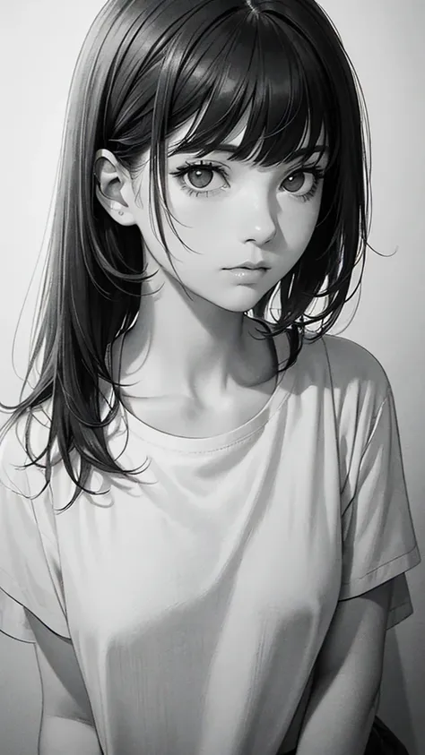 1girl, solo, monochrome, greyscale, short black hair, portrait, T-shirt, closed mouth, looking at viewer, sketch, graphite (medium), small lips, hatching (texture), without makeup, bangs, upper body, (best illustration), (best quality), (very detailed), (m...