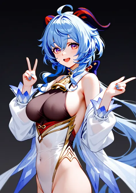 1girl, solo, ganyu (genshin impact), Purple eyes, long hair, light blue hair, long ponytail, Brownish horns, alternate costume, looking at viewer, large breasts, simple background, jewelry, open mouth, Smile, jacket, earrings, signature, nail polish, from ...