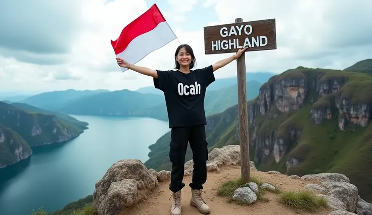 Professional photography of a Korean woman wearing a hijab, a loose black t-shirt that reads "Ocah" black cargo trousers, nude coloured boots, a mountaineering bag on her back, standing at the top of a mountain, waving an Indonesian flag, surrounded by roc...