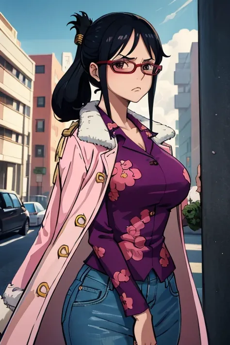 masterpiece, best quality, tashigi, black eyes, folded ponytail, glasses, pink coat, coat on shoulders, purple shirt, blue pants...