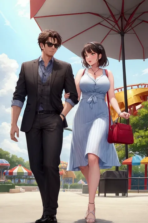 A man and a woman go to an amusement park.