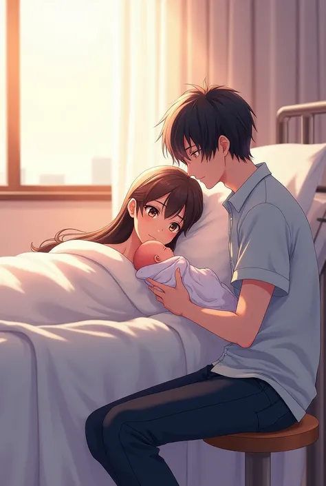 An anime man with black hair and dark maroon Eyes and he is sitting on a small stool which is next to a hospital bed and he is holding a baby and on the bed is laying   an anime woman with long middle brunette hair and dark brown eyes and they are in a hos...