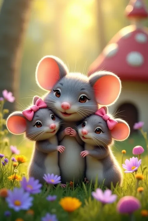 Generate me a cute image of a daddy mouse and his two daughters mice