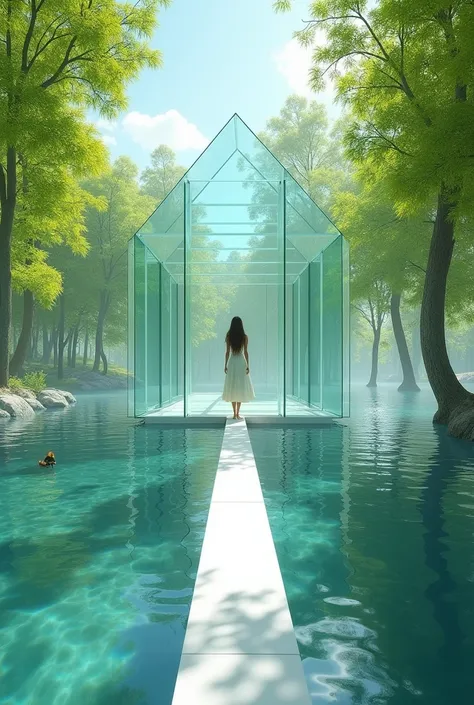 an image of a surrealist house, entirely made of glass, with glass walls and ceiling, on top of a white bridge, that forms a long path over a huge lake. The place is open air, well-lit. Green trees surround the lake with clear waters. She looks like this p...