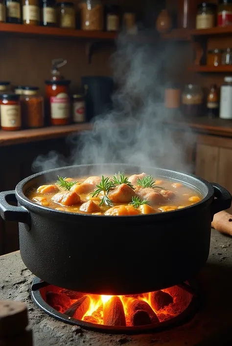 Iron pot with boiling chicken broth


