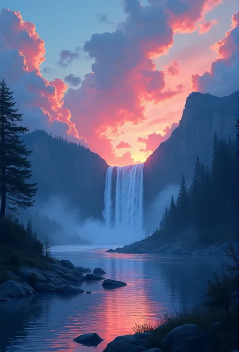 animation、((lake))、waterfall ((The top of Sam Hill))、(Riverside)、sunset、Big, deep and beautiful clouds、Illustration format、Cool and warm color palette、High contrast、Hard Shadows (masterpiece、Highest quality)、(Exquisite lighting and shadows、Very dramatic im...