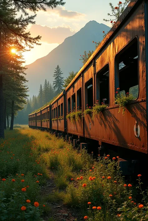 An abandoned train in the forest with flowers on top of a mountain orange sunset 