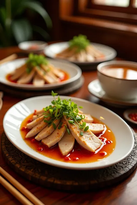 Chili oil，Chicken breast fillet，Mixed scallions，White ceramic dish，Chopsticks，Chinese dining table background