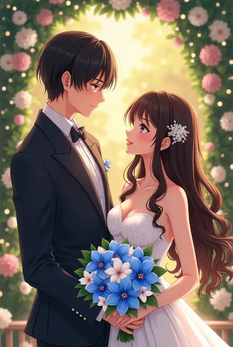 An anime man with black hair and dark maroon Eyes and he is wearing a wedding suit an anime woman with long middle brunette hair and dark brown eyes and they at the wedding avenue the woman is wearing a wedding dress and she is holding a bouquet of blue or...