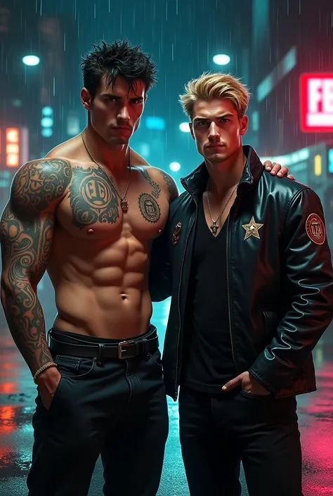 Create a fanfic cover image, where there are two guys side by side holding badges, One is tall, black hair and white skin, brawny, has his entire arm tattooed and is a CIA agent, the other is smaller, more delicate but also has muscles, He&#39;s blond with...