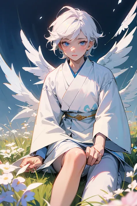 Little angelic-looking alvin boy with white hair, sky-blue eyes with white eyelashes and a fair, pale complexion like snow, pink lips, blush under his eyes and on his nose, dressed in a white tunic, sitting on the ground in a field full of flowers. Semi-re...