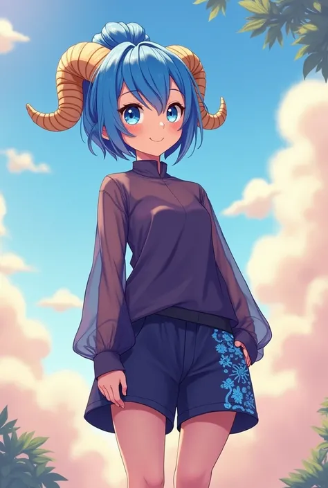 1 girl,16 years, Personality characteristics, realistic design, blue hair, Blue eyes, blue pupils, (Blue eyelashes), ((ram&#39;s horn)), rounded horns, Big cat ears, dark purple blouse, translucent blouse, shorts, blue pattern on leg, hair in a bun, standi...