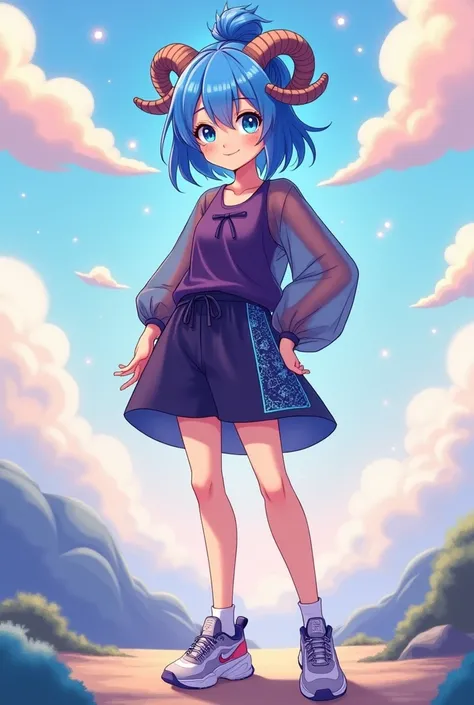 1 girl,16 years, Personality characteristics, realistic design, blue hair, Blue eyes, blue pupils, (Blue eyelashes), ((ram&#39;s horn)), rounded horns, Big cat ears, dark purple blouse, translucent blouse, shorts, blue pattern on leg, hair in a bun, standi...