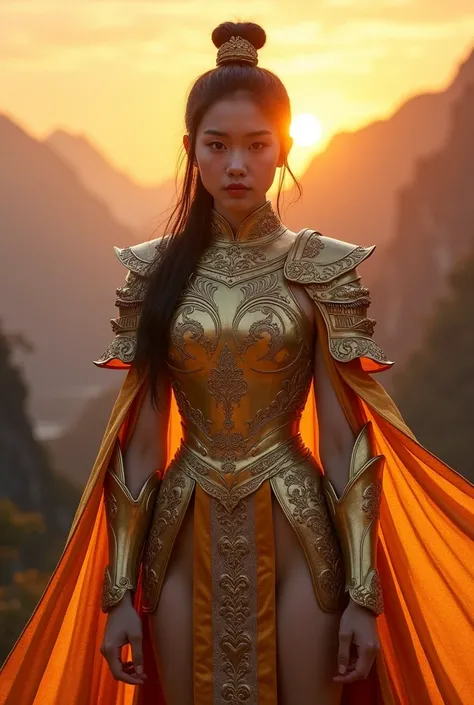 Qinjia, a 20 years old beautiful girl, elite ancient china knight general, (golden womens armor pulsing with magic and energy:1.4), (intricate color capes:1.1),tactical implants ,1girl, beautiful brown eyes, beautiful face, chignon long black hair, Unique ...