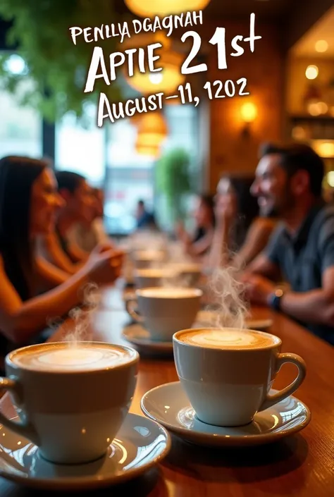 Create hd poster for Te amo Cafe grand opening on 21th August with cuppuccino drinking people background