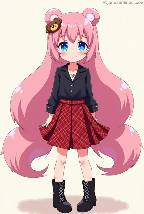 Junko Enoshima, long pink fur, 1 girl, two tails, Alone, old, blue eyes, neckline, clavicle, large old, hits, blush, Closed mouth, affected smile, looking at the viewer, Upper part of the body, bear hair ornament, nail polish, Red nails, red bow, black shi...