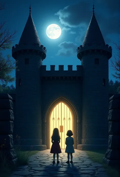 A dimly lit castle gate at night, bathed in moonlight, with Emily and Lily standing in anticipation, peering into the unknown. Front view 