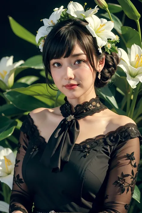 Medium Size Display, Medium Shot, Written boundary depth, bust, Upper Body, Movie angle, masterpiece, Highest quality, Very detailed, CG, 8k wallpaper, Beautiful Face, Delicate eyes, Otome, alone, smile, bangs, skirt, Formal blouse, Bouquet of lilies