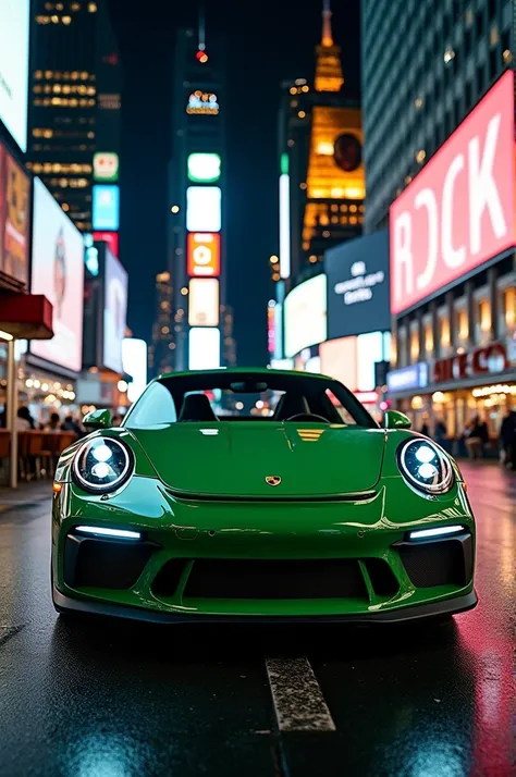 Porche green color car in city at night 