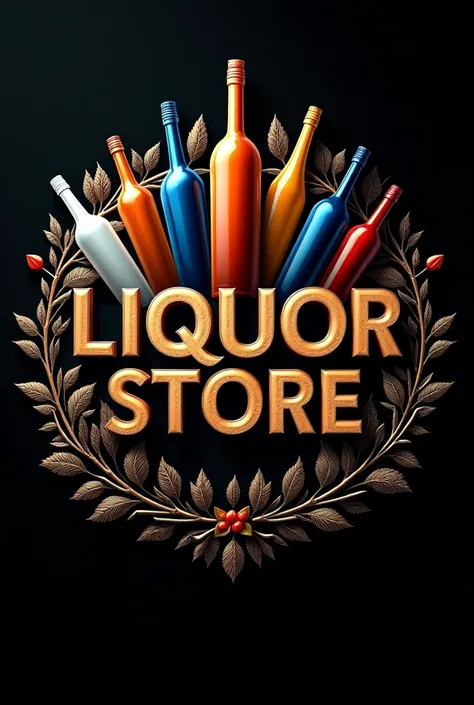 Logo in high relief on black background with black colored bottles, orange
, blue, chrome , red, white, yellow for a liquor store named LIQUOR STORE