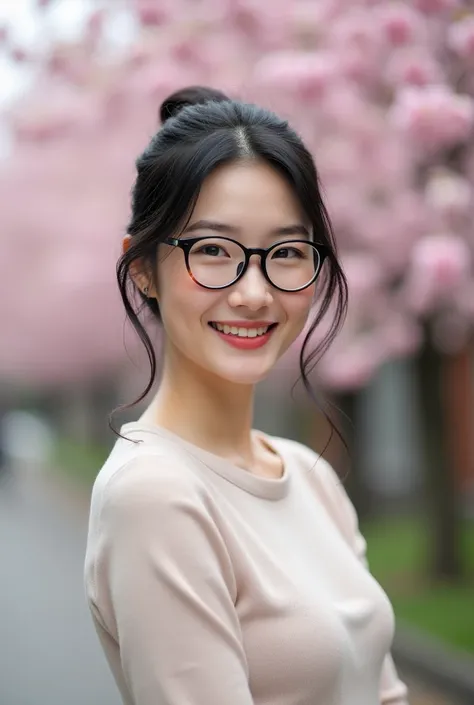 40 year old fair skinned Japanese woman。Wearing glasses。He has black hair combed back。Bun Hair。Facing forward。smile。