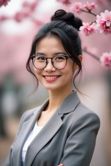 40 year old fair skinned Japanese woman。Wearing glasses。He has black hair combed back。Bun Hair。Facing forward。smile。