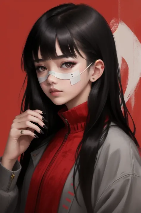 BR, 1girl, solo, black hair, mask, red background, looking at viewer, long hair, black eyes, simple background, bangs, red nails, portrait, oni mask, fingernails, bandaid, bandaid on face, grey eyes