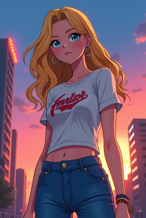 A 25 year old blonde and blue eyed young woman with big breasts in a more serious retro anime style with casual clothes