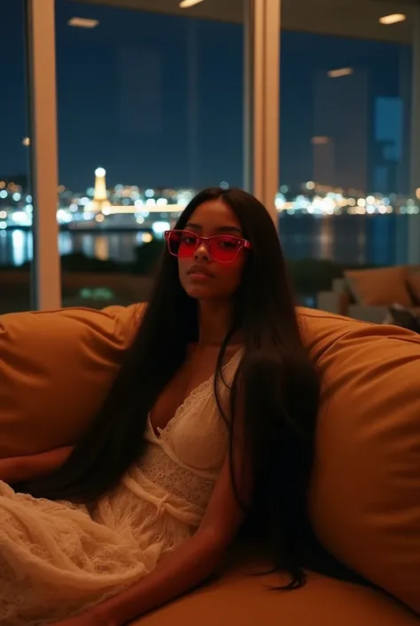 black girl, 19 ans, long black hair, red glasses, sitting in a large luxury modern living room, tan furniture, dark lighting, night, panoramic view of italy out of the window, 