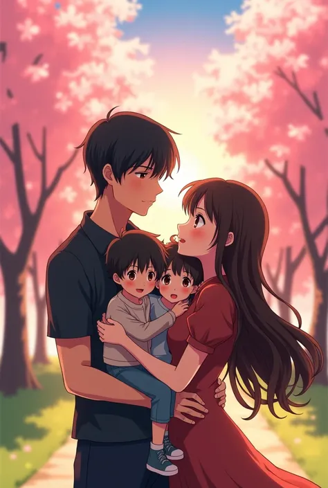 An anime man with black hair and dark maroon Eyes and he is standing with  an anime woman with long middle brunette hair and dark brown eyes and they are standing with their kids