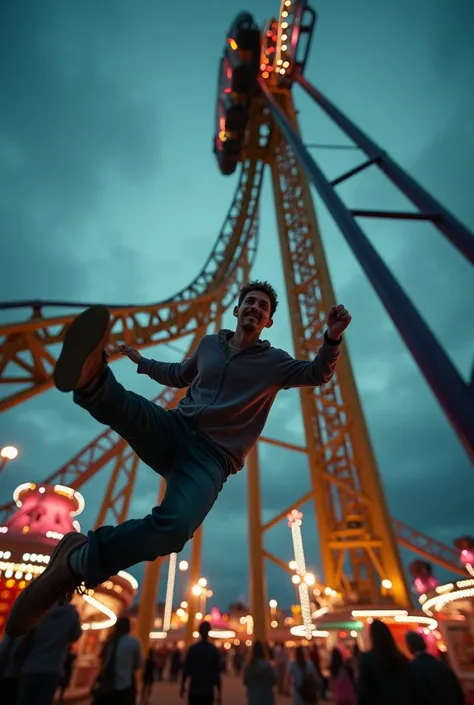  sad adult falling from roller coaster with focus on roller coaster